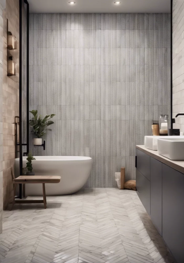 Elegant minimalist Bathroom with a freestanding bathtub, plant ornaments, a storage cabinet, a sink on top of the cabinet, and a chevron pattern tile for the floor