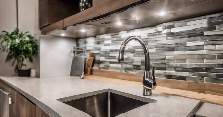 A remodeled kitchen with marble countertop, and tiled backsplash